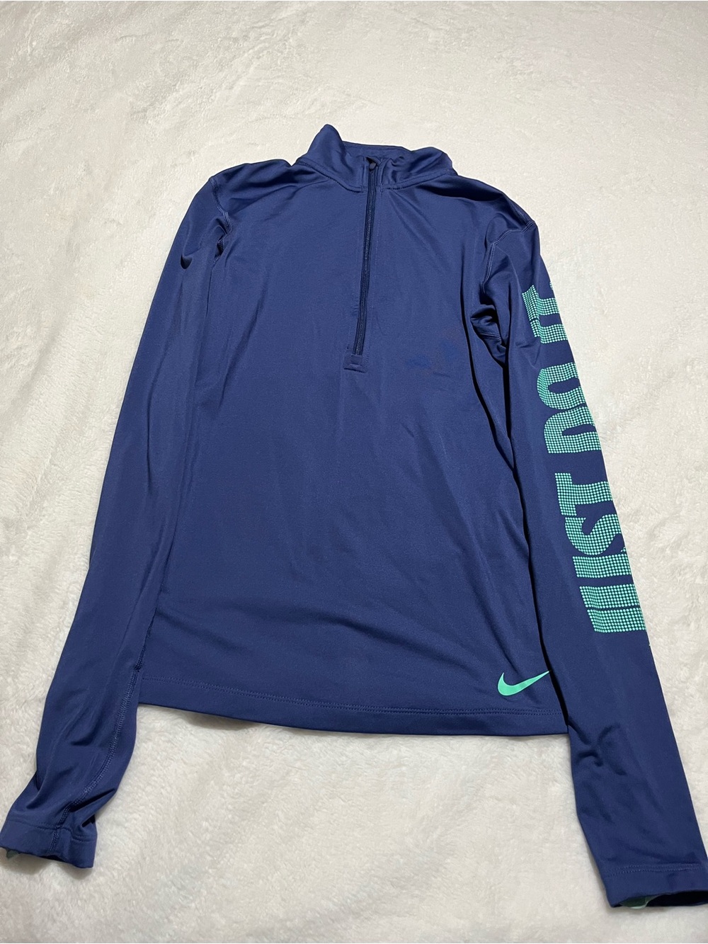 Nike Navy Long-Sleeve Athletic Top with Teal 'Just Do It' Sleeve